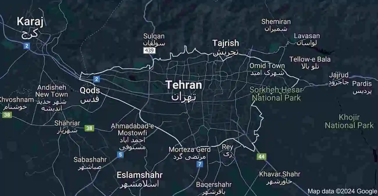 Map showing current location in Tehran, Iran